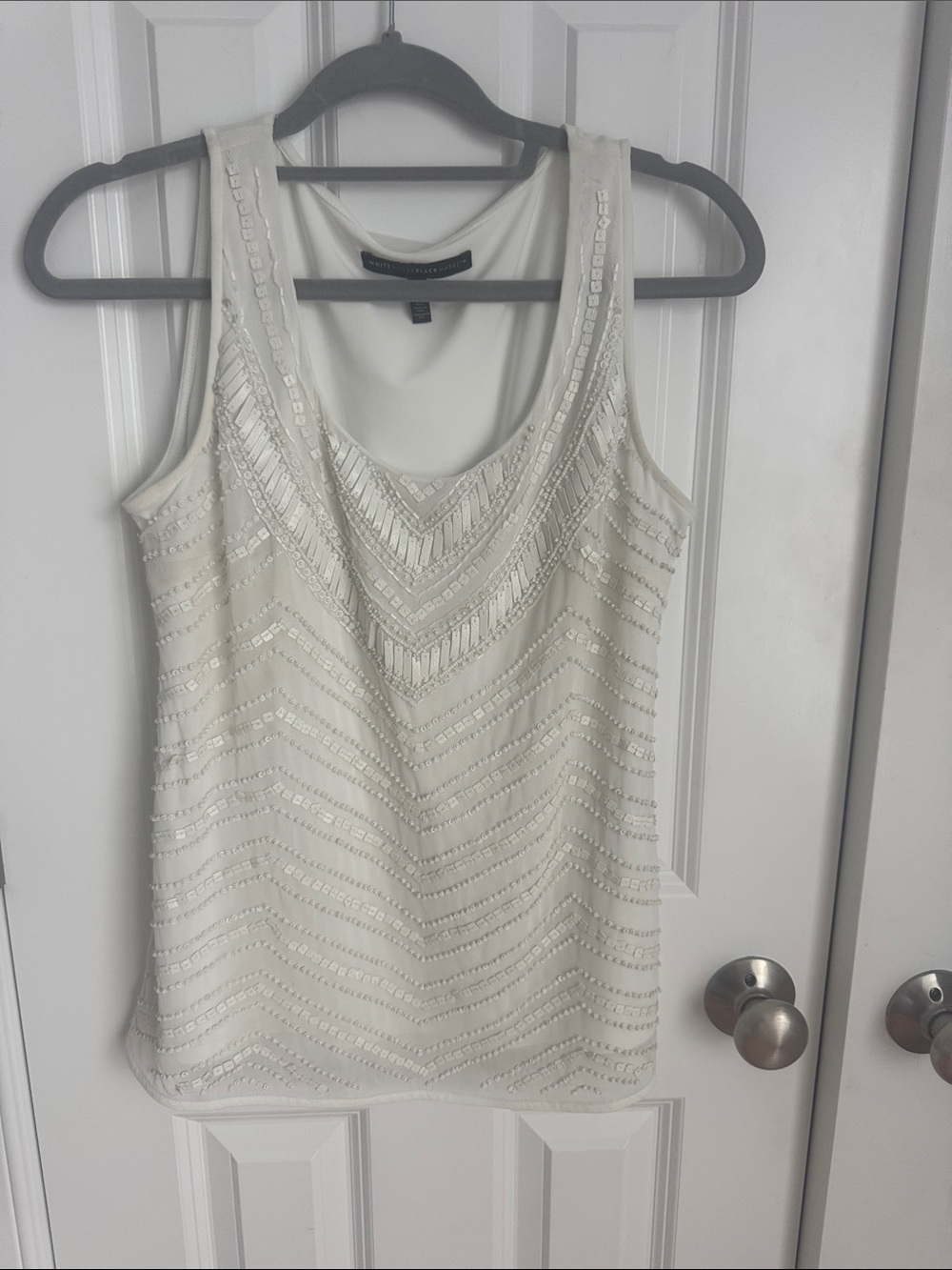 White House Black Market Ivory Beaded Scoop Neck Tank